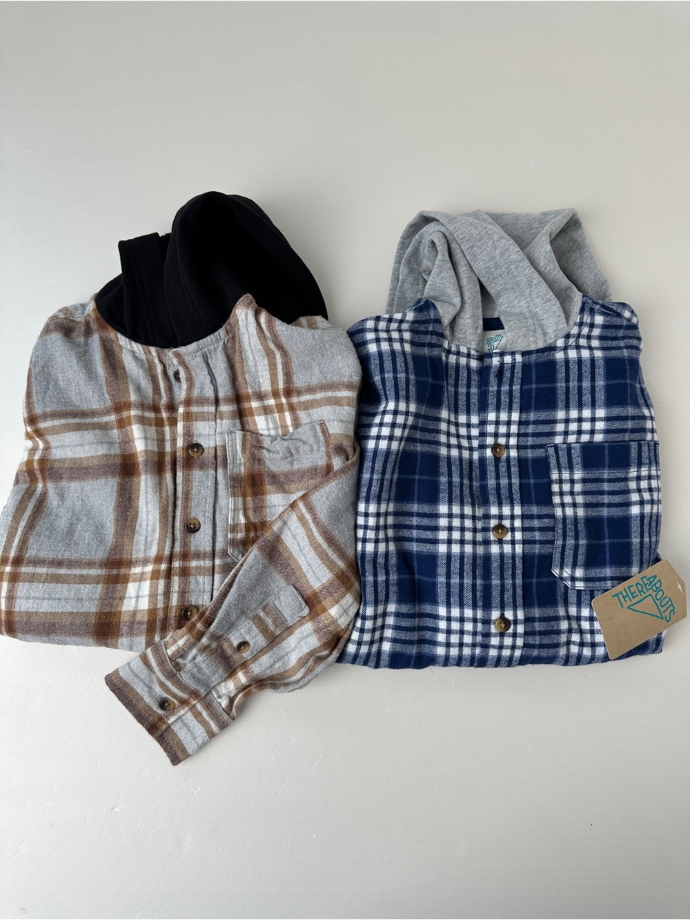 Boys Hooded Flannel Shirt Lot Of 2 Blue Grey Plaid Size S 8 NWT